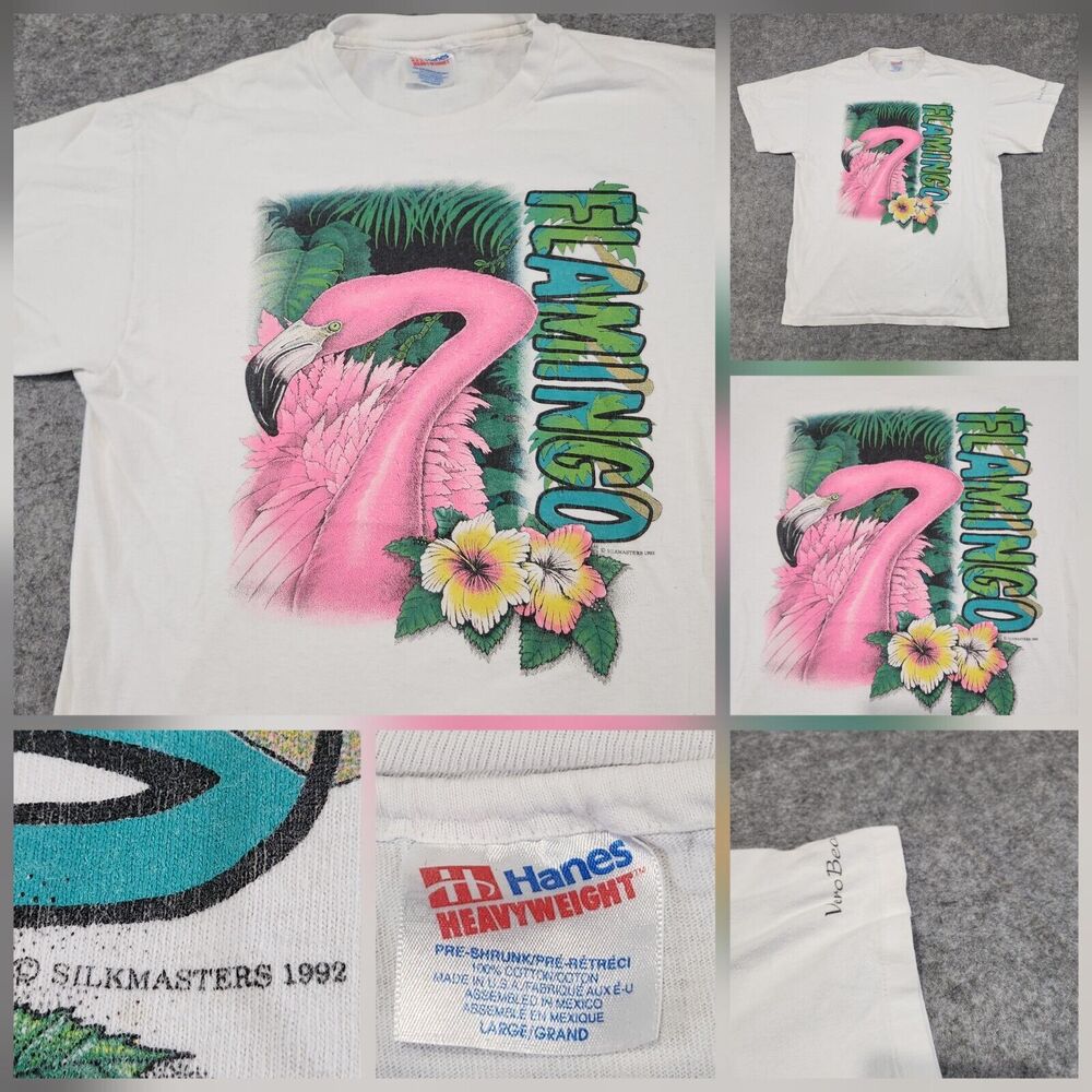 VTG 90s Pink Flamingo Mens Womens L Large Single Stitch Graphic Nature T Shirt